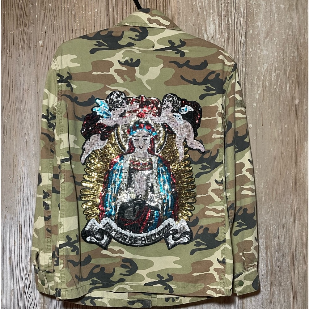 TOPSHOP camouflage women jacket with gold spikes & Guadalupe “Mother of Mary”